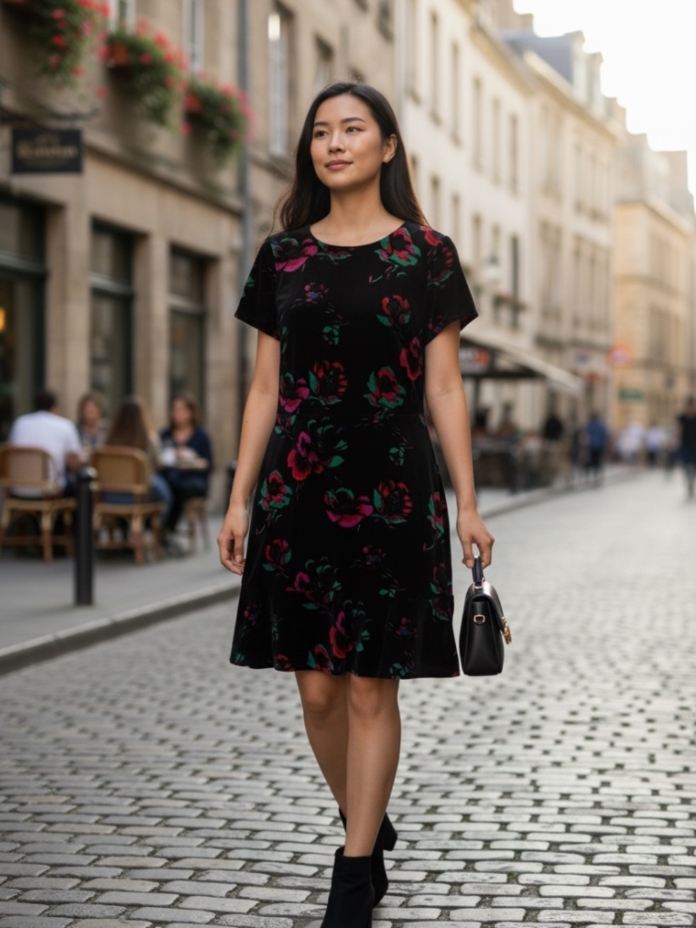 J. Crew Women’s Black Flower Velvet Short Sleeve Dress